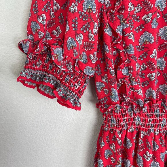 Max Studio Womens Medium Red Floral Maxi Tiered Dress Ruffle Trim Short Sleeve - Picture 9 of 9